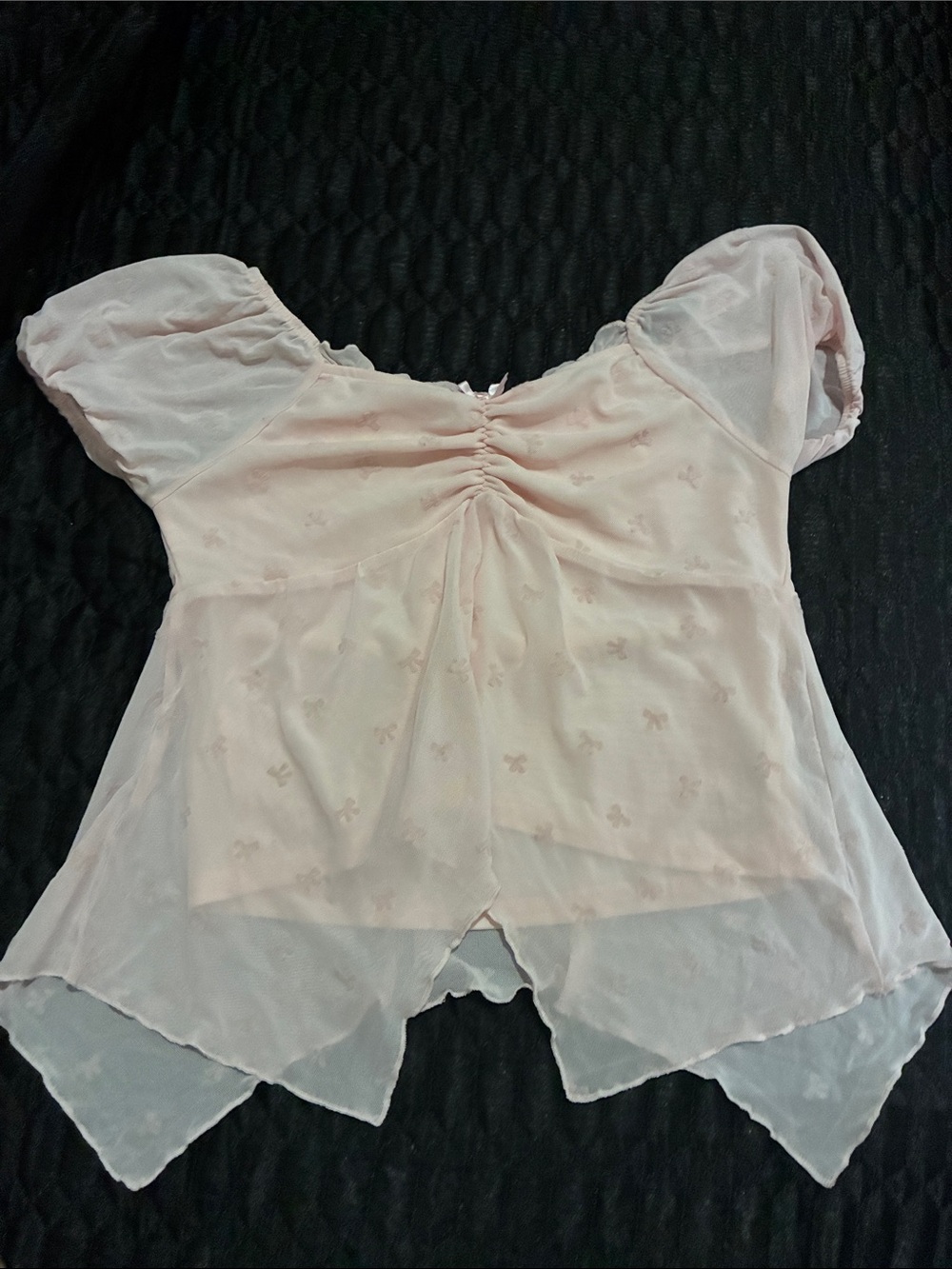 Sheer Light Pink Ruched Puff Sleeve Blouse